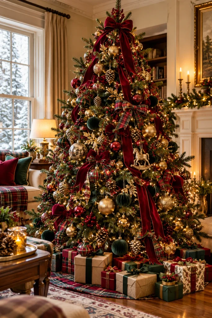 Ralph Lauren-inspired Christmas tree with burgundy velvet ribbons, tartan plaid bows, forest-green foliage, brass ornaments and warm-white lights.