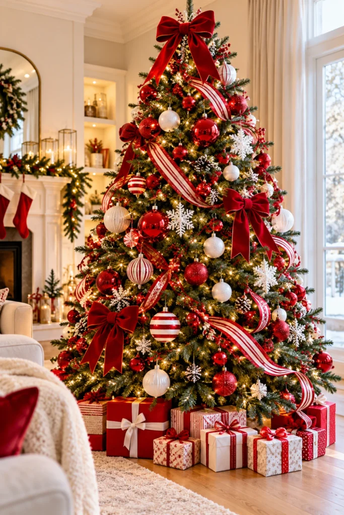 Red and white Christmas tree decorated with glossy red baubles, white ornaments, candy-cane ribbons, warm fairy lights and a festive red topper.
