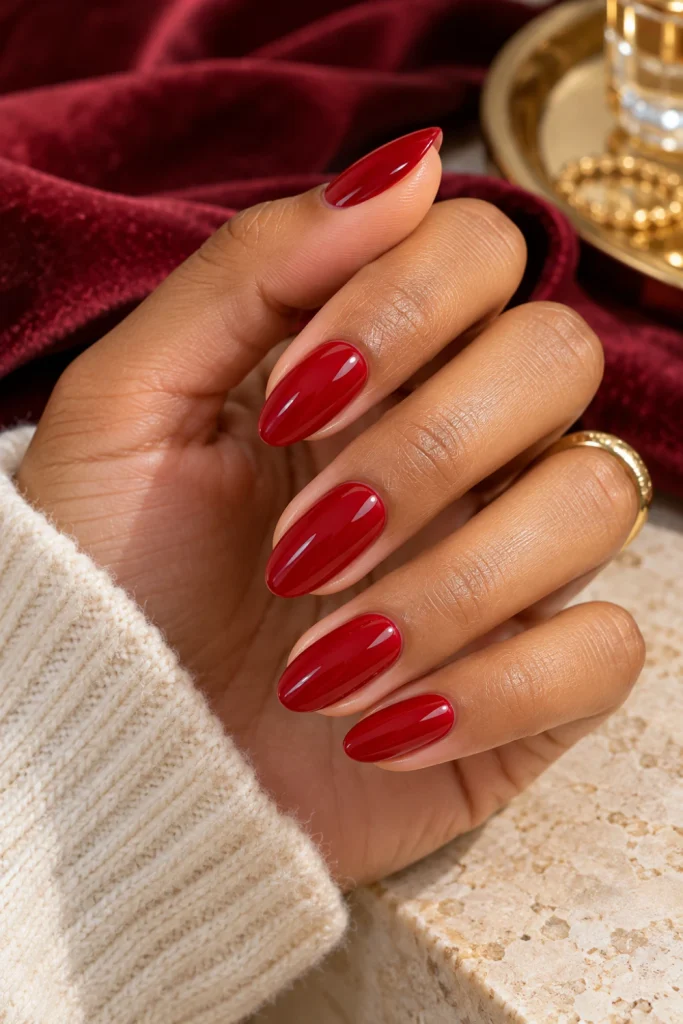 Classic red nail designs featuring glossy cherry-red polish on short almond nails with a smooth, elegant finish.