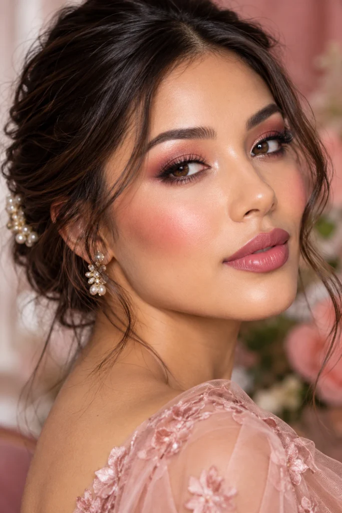 Romantic rose-toned makeup with rose-brown eyeshadow, champagne inner-corner shimmer, rosy blush and soft rose lipstick.
