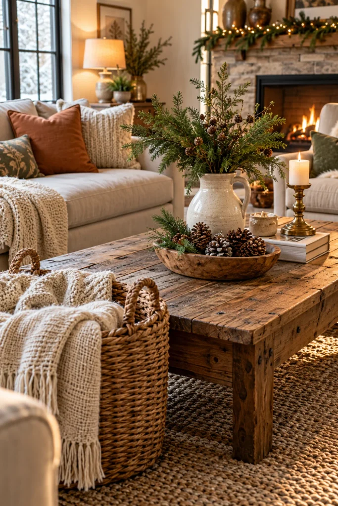 Rustic farmhouse winter decor featuring a reclaimed wood coffee table, woven blanket basket, cream knit throw, ceramic pitcher and natural pinecones.
