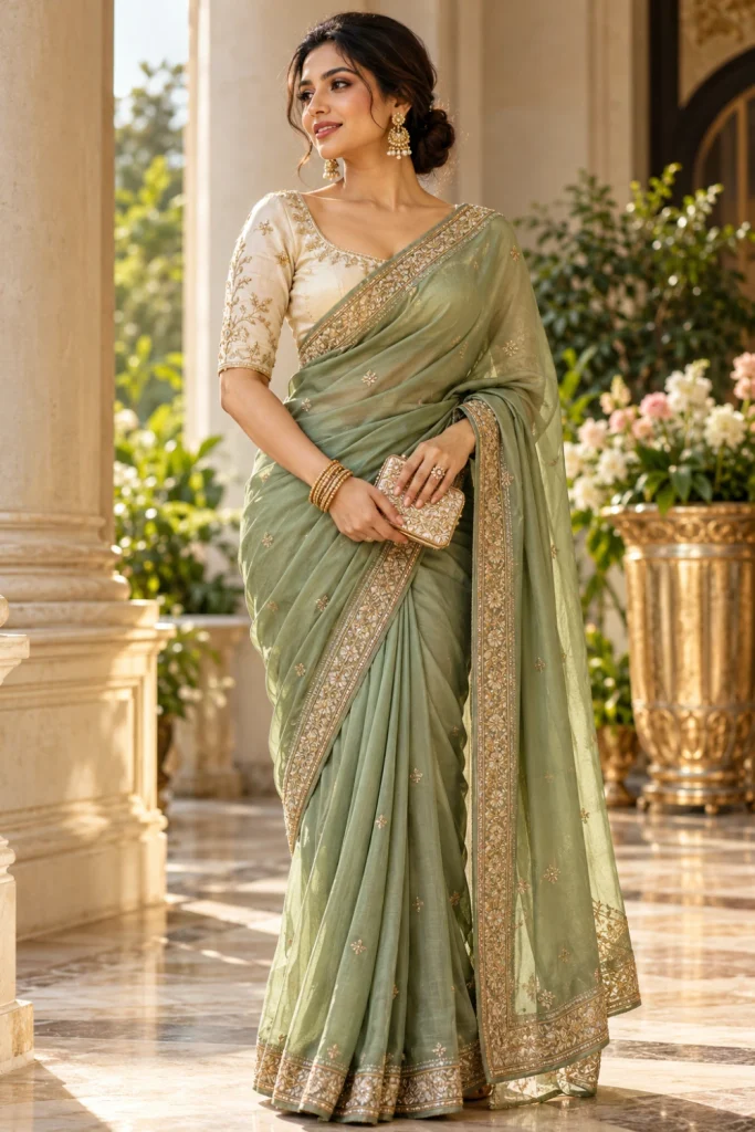 Sage green saree with a delicate gold border, complementary cream blouse, traditional gold earrings, bangles and an elegant vintage-inspired hairstyle.