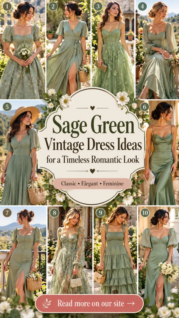 An elegant sage green vintage-inspired dress featuring a flowing skirt, fitted waist, delicate fabric details, and a romantic silhouette, styled for a timeless feminine outfit.