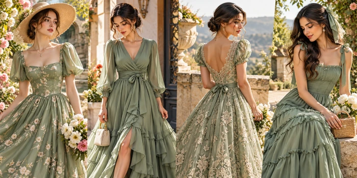 Sage green vintage dress ideas featuring elegant, romantic outfits with flowing fabrics, classic silhouettes, delicate details, and timeless feminine style.