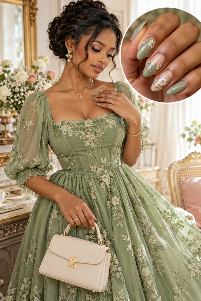Sage green vintage dress styled with a close-up manicure featuring sage green and milky nude nails with delicate white floral details.