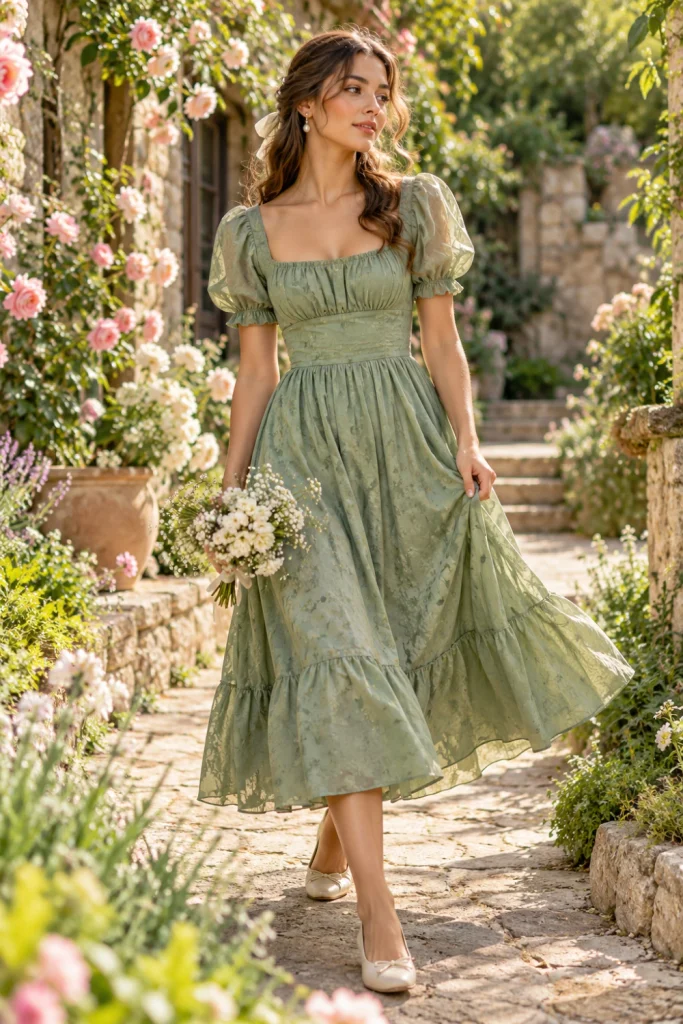 Romantic sage green vintage dress with puff sleeves and a flowing skirt photographed in a sunlit garden with soft natural greenery.