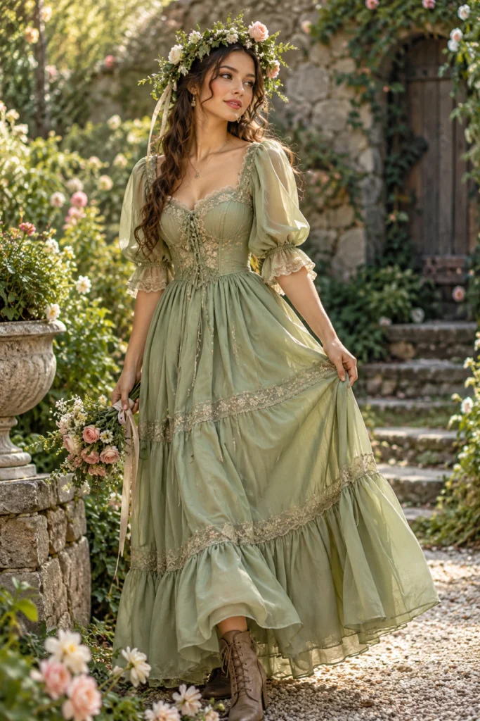 Sage green vintage Halloween costume with a flowing dress, floral crown, botanical accessories and soft woodland-inspired makeup.