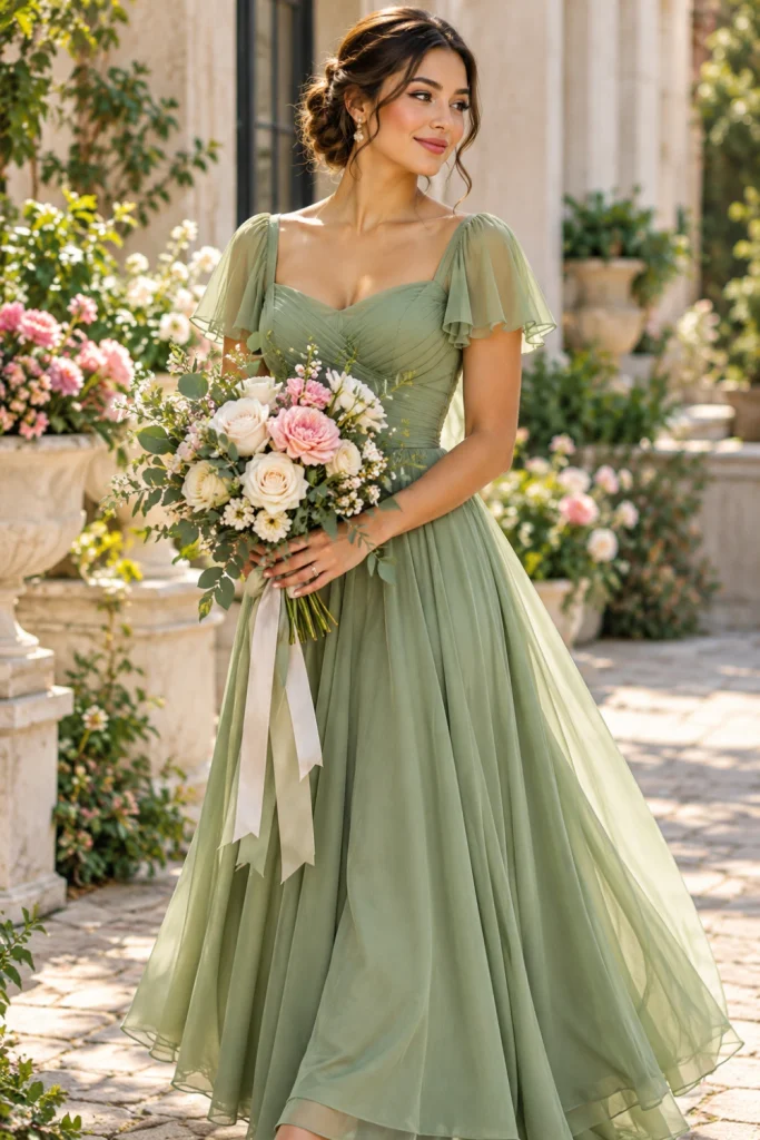 Sage green vintage prom dress with a fitted bodice, flowing floor-length skirt, delicate beading and champagne accessories.