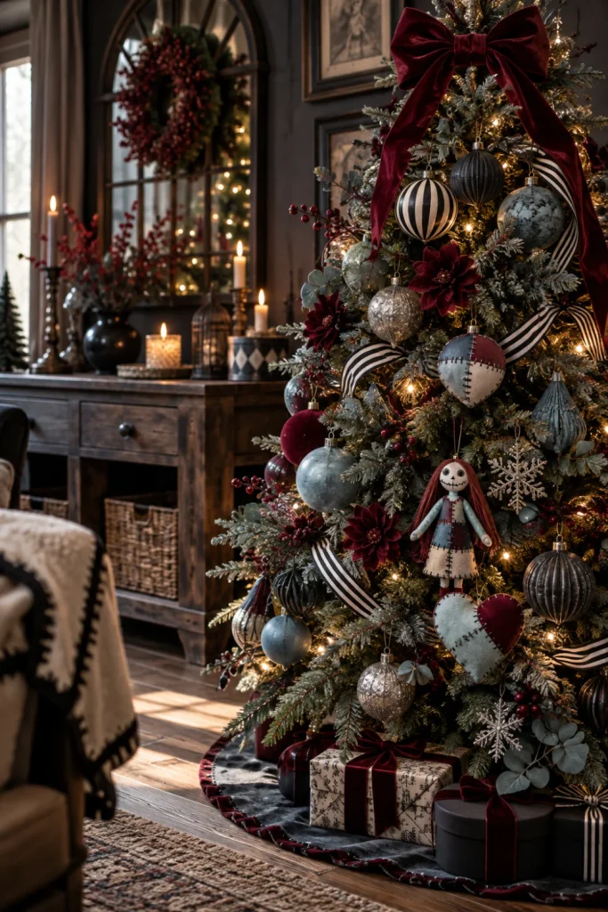 Sally-inspired Nightmare Before Christmas decor featuring a small evergreen tree with dusty-blue ornaments, burgundy accents, striped ribbon, and gothic holiday styling.