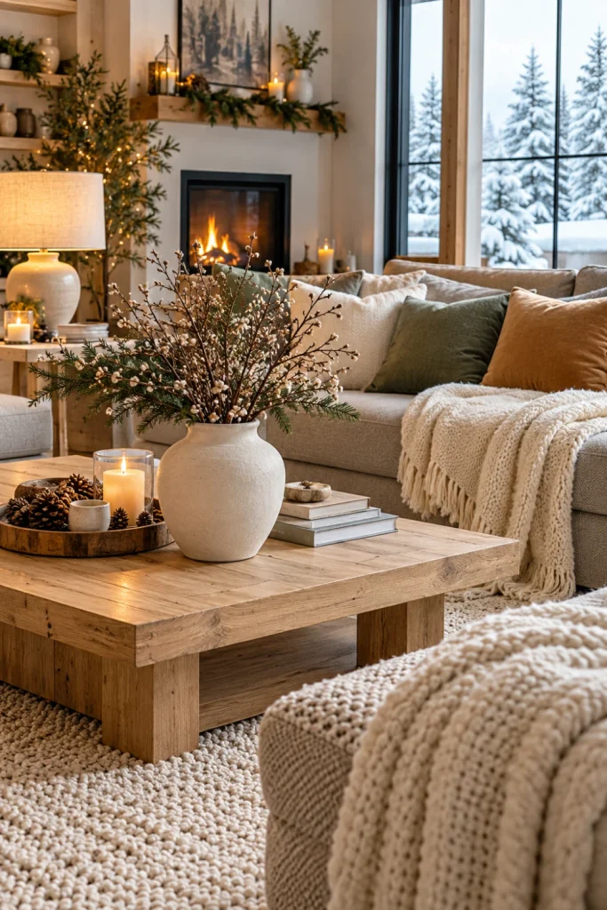 Scandinavian winter home decor with pale oak furniture, a warm gray sofa, ivory wool blankets, ceramic vases and understated greenery.