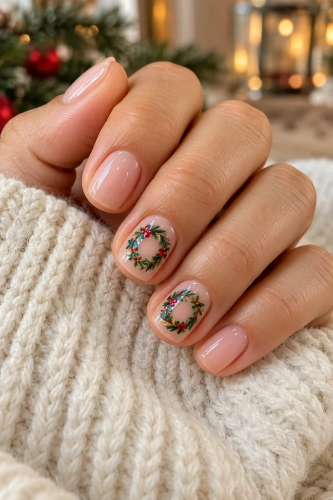 Short Christmas nails with a sheer pink base, miniature green wreaths, tiny red berries and a glossy rounded-square manicure.