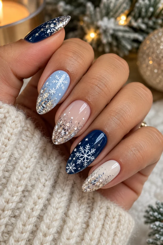 Silver glitter Christmas nails featuring icy blue and navy polish, delicate white snowflakes and sparkling metallic tips.