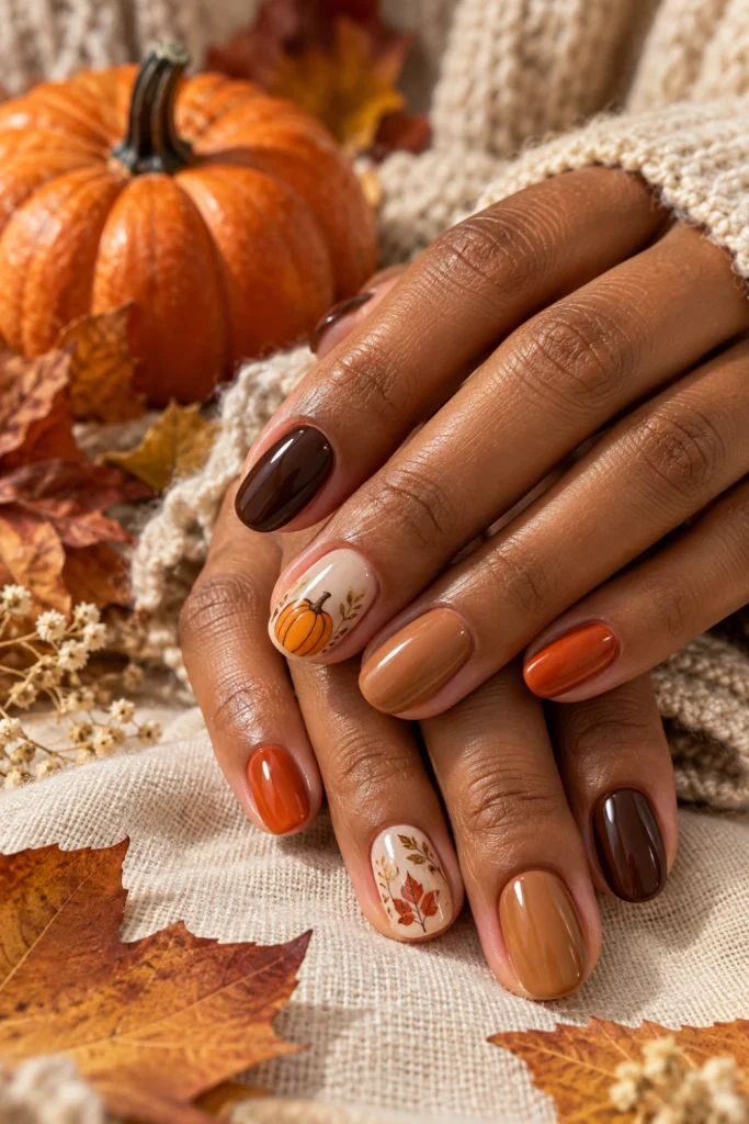 Simple fall Thanksgiving nails in caramel, brown and muted orange with subtle pumpkin and leaf accents.