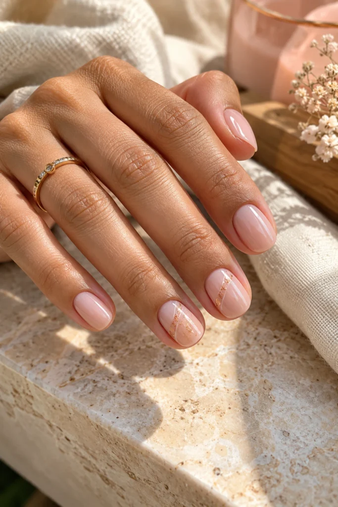 Simple short nail designs featuring glossy sheer pink and nude polish on naturally shaped short nails with an elegant everyday manicure.