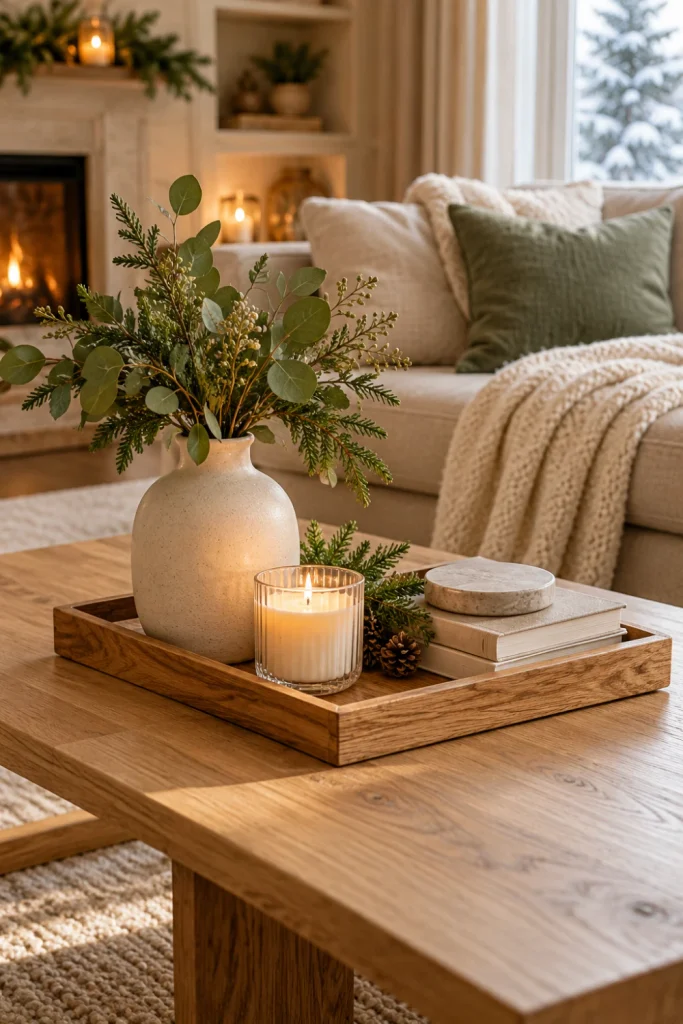 Simple winter decor featuring a wooden coffee table tray, ivory candle, ceramic vase, neutral books and fresh greenery in a cozy living room.