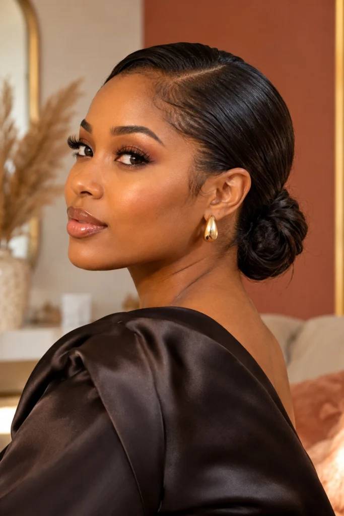 Woman with a sleek slick-back hairstyle, smooth combed-back hair and an elegant low bun.