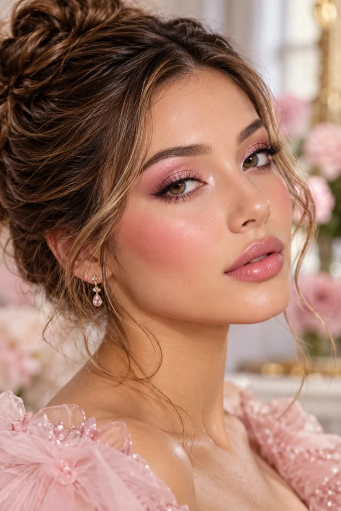 Sleeping Beauty-inspired makeup with pastel pink eyeshadow, rosy cheeks, soft pink lipstick, luminous skin and delicate champagne highlights.