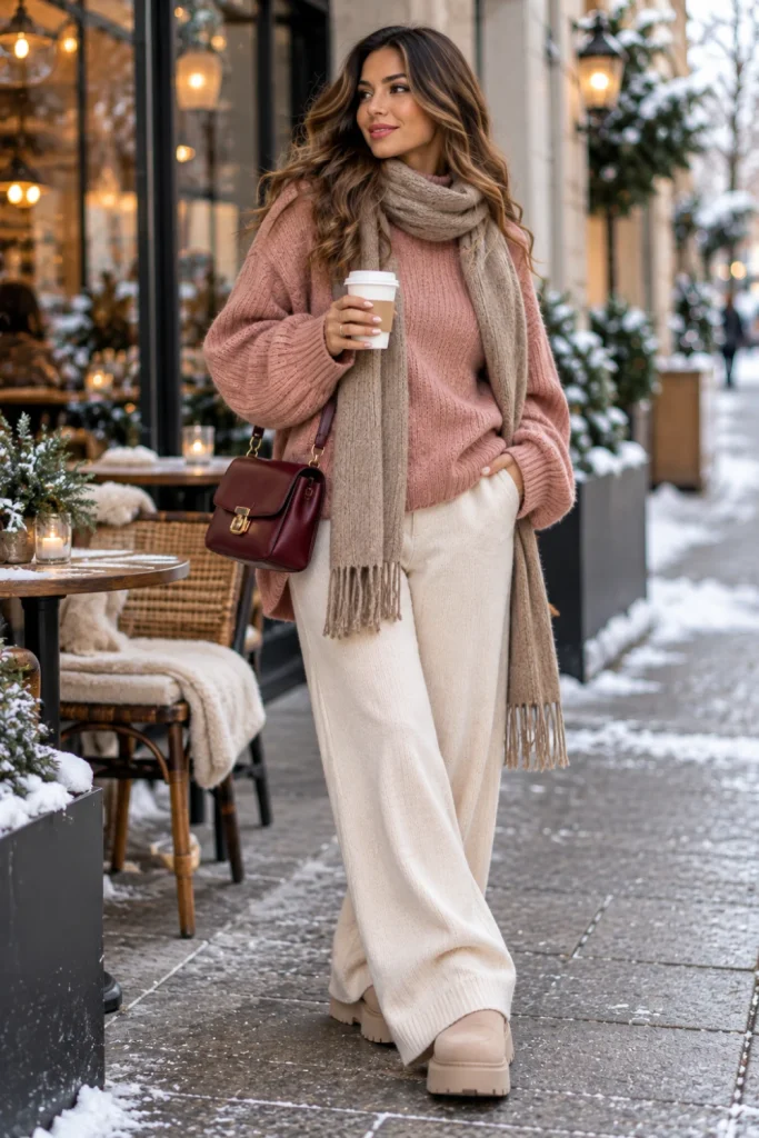 Soft aesthetic winter fit with an oversized knit sweater, wide-leg trousers, long scarf, chunky boots and crossbody bag.