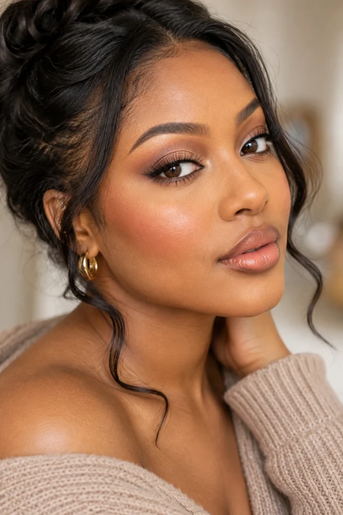 Soft glam everyday makeup with blended taupe eyeshadow, defined lashes, peach blush, natural-looking foundation and nude lipstick.