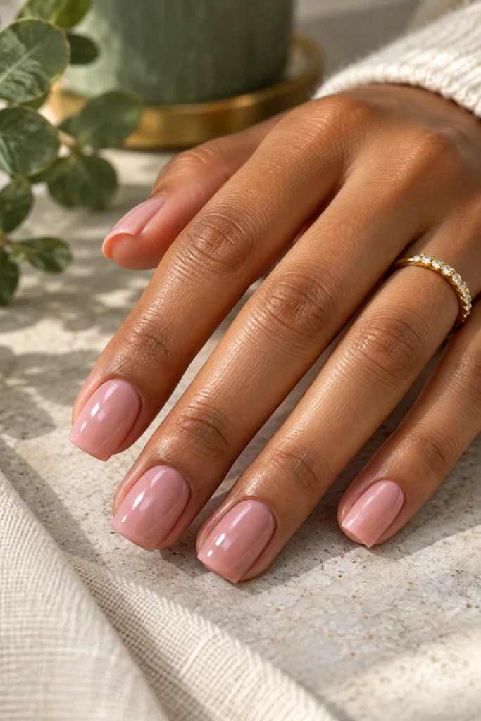 Modern square nail design featuring short square nails with straight edges, softly softened corners and glossy nude-pink polish.