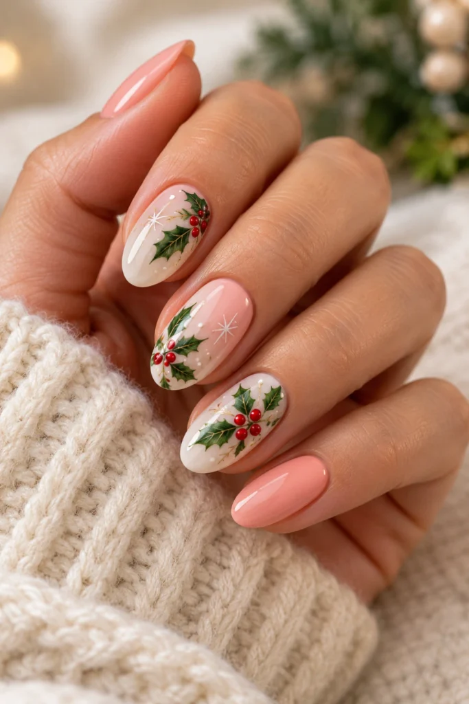 Summer X Christmas nails with pale pink polish, miniature green holly leaves, red berries and delicate white festive accents.