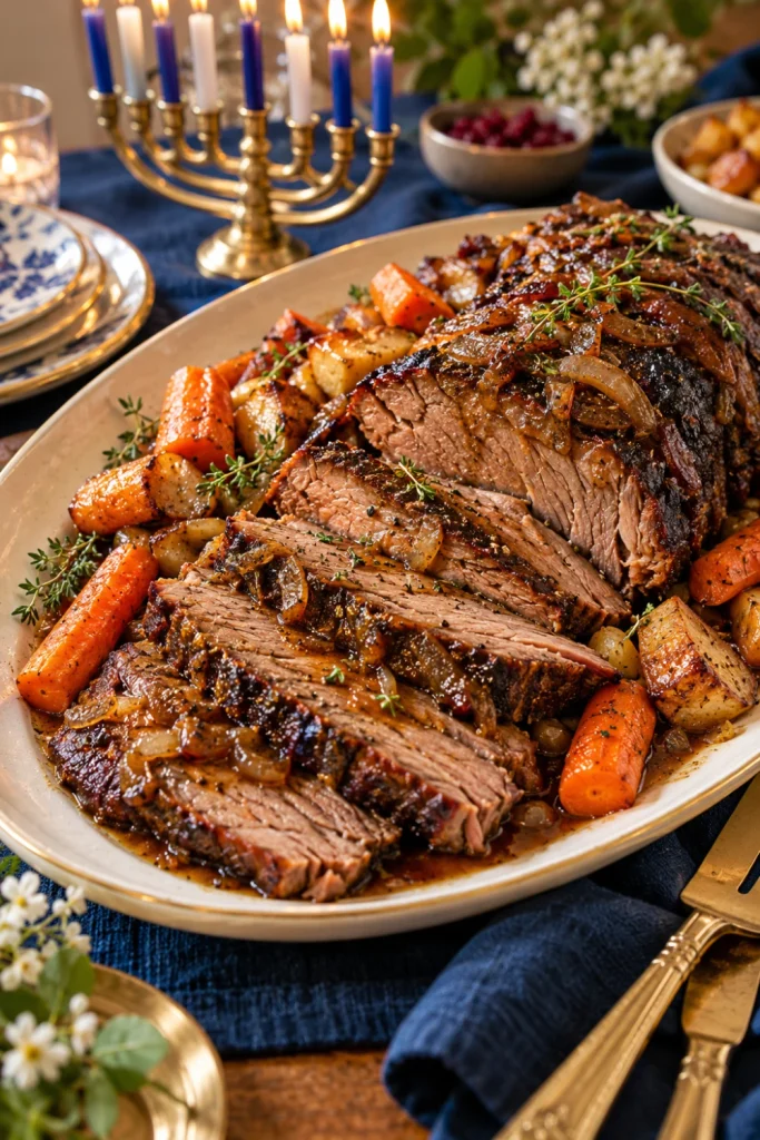 Tender oven-baked Hanukkah brisket sliced against the grain with caramelized onions, rich gravy and roasted vegetables.