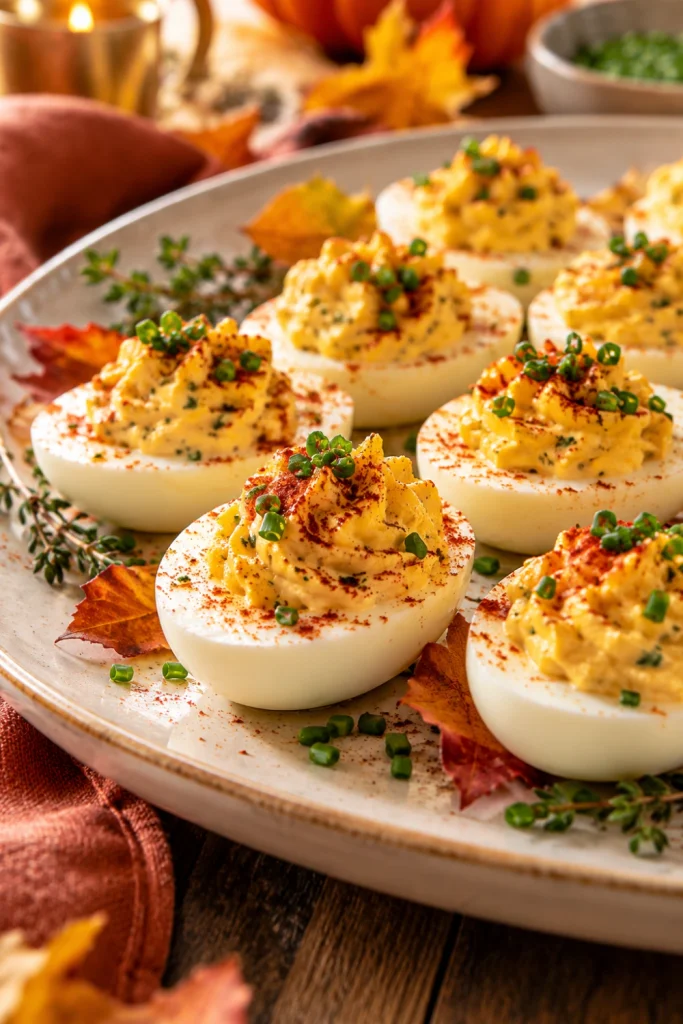 Thanksgiving deviled eggs topped with paprika and chives on an elegant autumn appetizer platter.