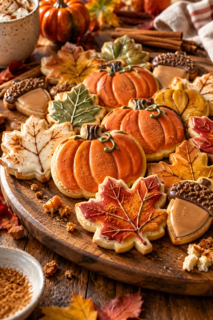 Thanksgiving fall cookies shaped like pumpkins, leaves and acorns with warm spices and simple icing.