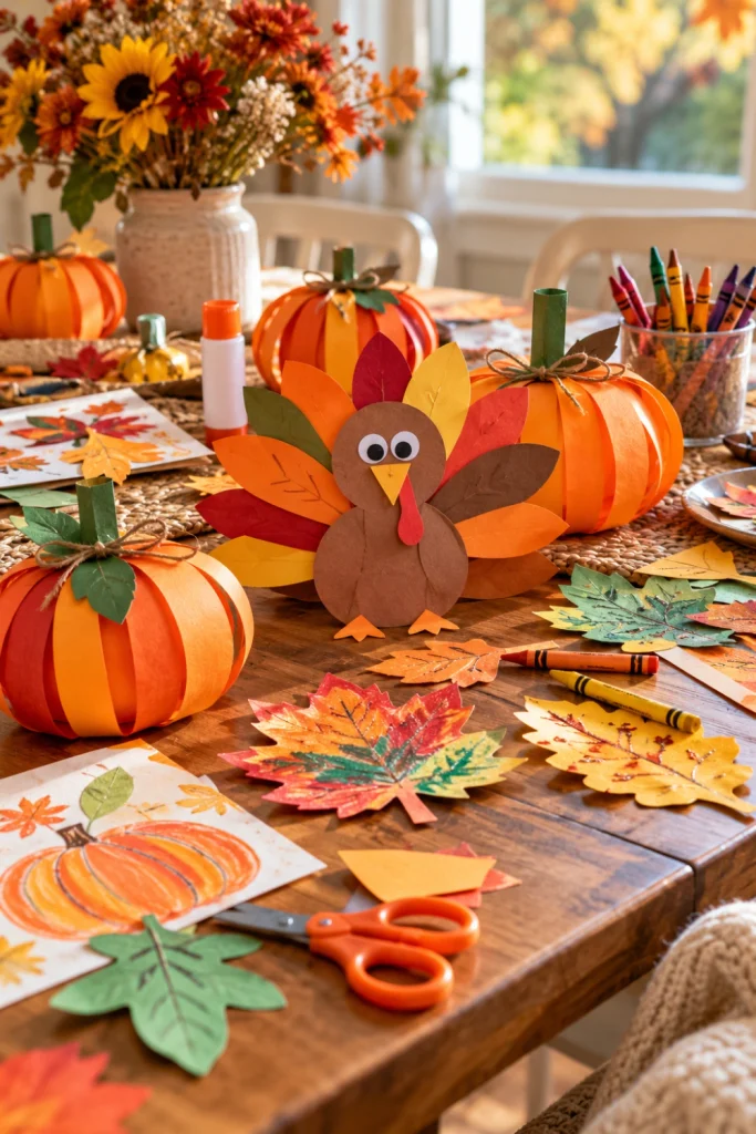 Thanksgiving fall crafts for kids featuring handmade paper leaves, pumpkins, turkeys, crayons and colorful craft supplies.