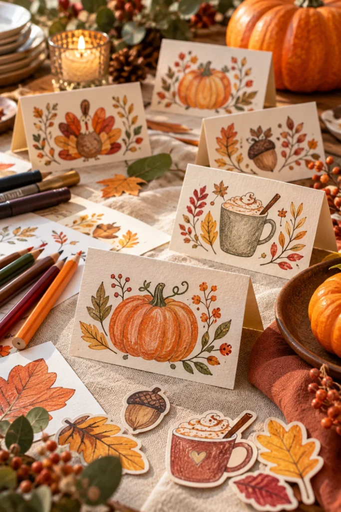 Thanksgiving fall doodles featuring pumpkins, leaves, acorns and autumn illustrations on handmade place cards.
