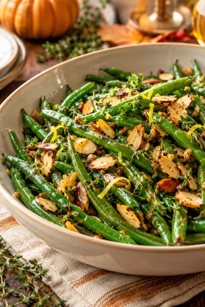 Thanksgiving green bean side dish with garlic, butter, toasted almonds, lemon and fresh herbs.