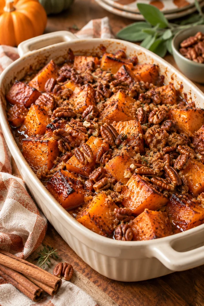 Thanksgiving sweet potato side dish with roasted sweet potatoes, maple glaze, cinnamon and toasted pecans.