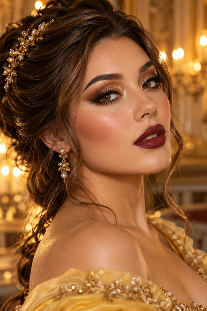 The Beast-inspired enchanted makeup featuring bronze and golden-brown eyeshadow, defined brows, burgundy lipstick and warm golden highlights.