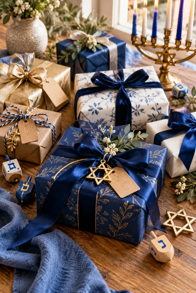 Thoughtfully wrapped Hanukkah gifts in navy, white and gold paper with coordinating ribbons, small gift tags and dreidel decorations.