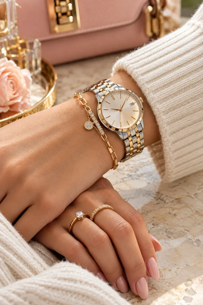 Trendy women's watch styled with delicate bracelets, fine rings and a cream knit sleeve for a modern feminine accessory look.