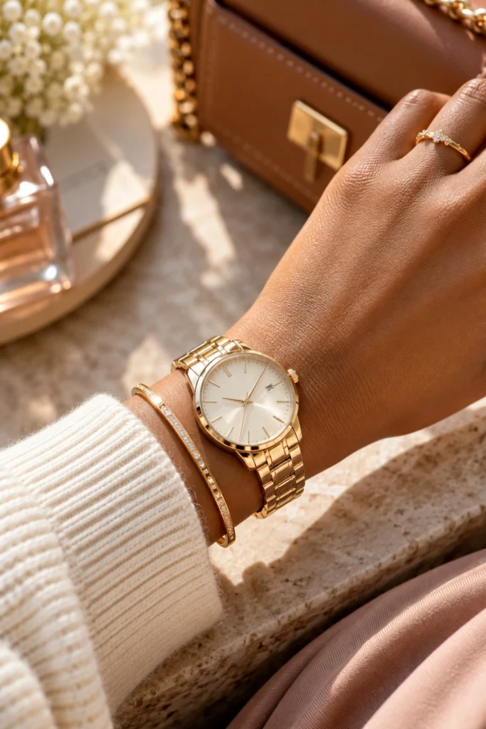 Elegant women's gold-tone wristwatch paired with delicate gold jewelry and a cream knit sleeve for a sophisticated everyday look.