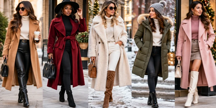 Trendy women’s winter coat ideas featuring stylish long wool coats, elegant neutral colors, tailored silhouettes, and chic cold-weather outfit inspiration.