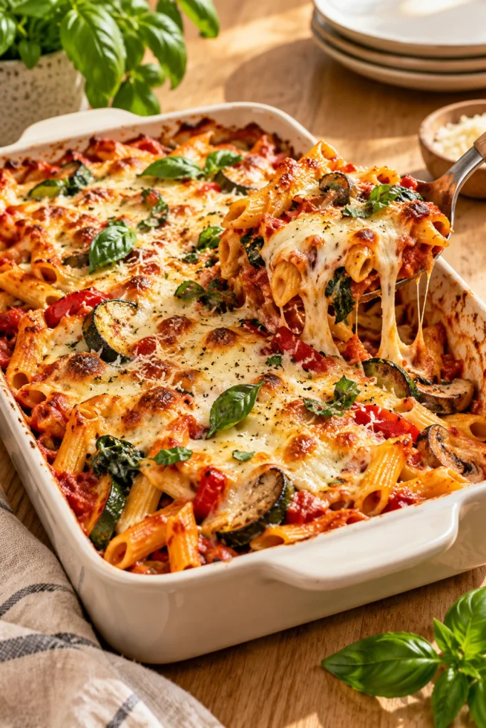 Vegetarian baked pasta with tomato sauce, roasted vegetables, melted cheese and golden bubbling edges.