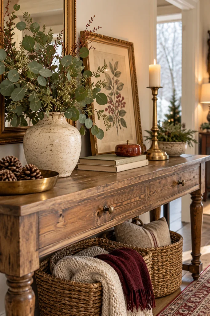 Vintage winter decor display with aged brass candleholders, an antique-style framed print, an ivory ceramic vase and eucalyptus branches.