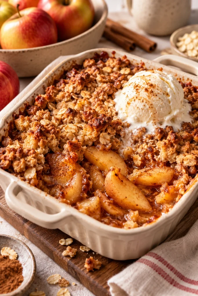 Warm baked apple cinnamon winter dessert with oat crumble topping and golden caramelized apples.
