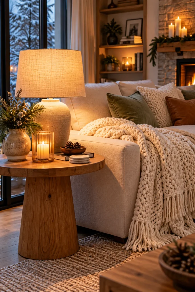 Warm winter lighting with a linen-shaded table lamp, cozy cream sofa, chunky knit blanket and softly glowing candles on a wooden side table.