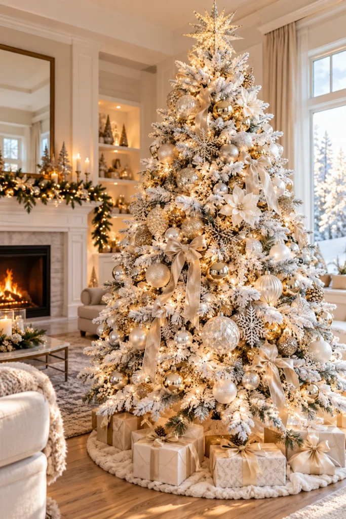 Elegant white Christmas tree decorated with pearl-white baubles, champagne ornaments, silver snowflakes, warm fairy lights and ivory ribbon in a bright modern living room.