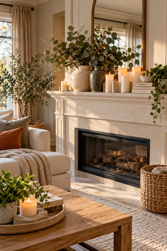Winter decor ideas after Christmas featuring neutral candles, eucalyptus branches, ceramic vases and a simple natural wood mantel.