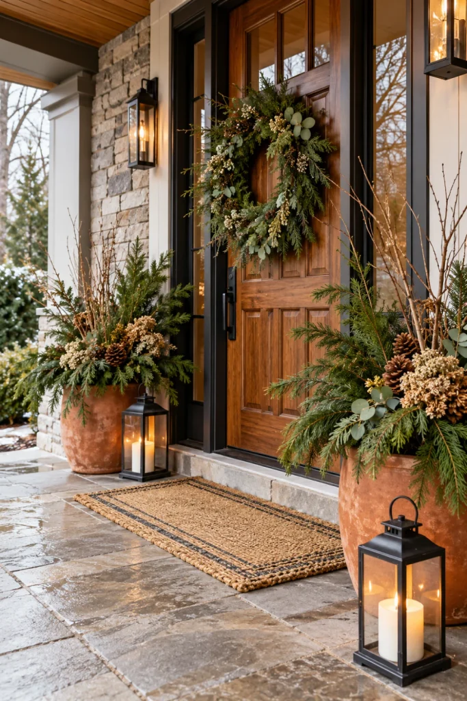 Winter front porch decor with evergreen planters, a natural branch wreath, outdoor lanterns and a neutral welcome mat beside a wooden door.