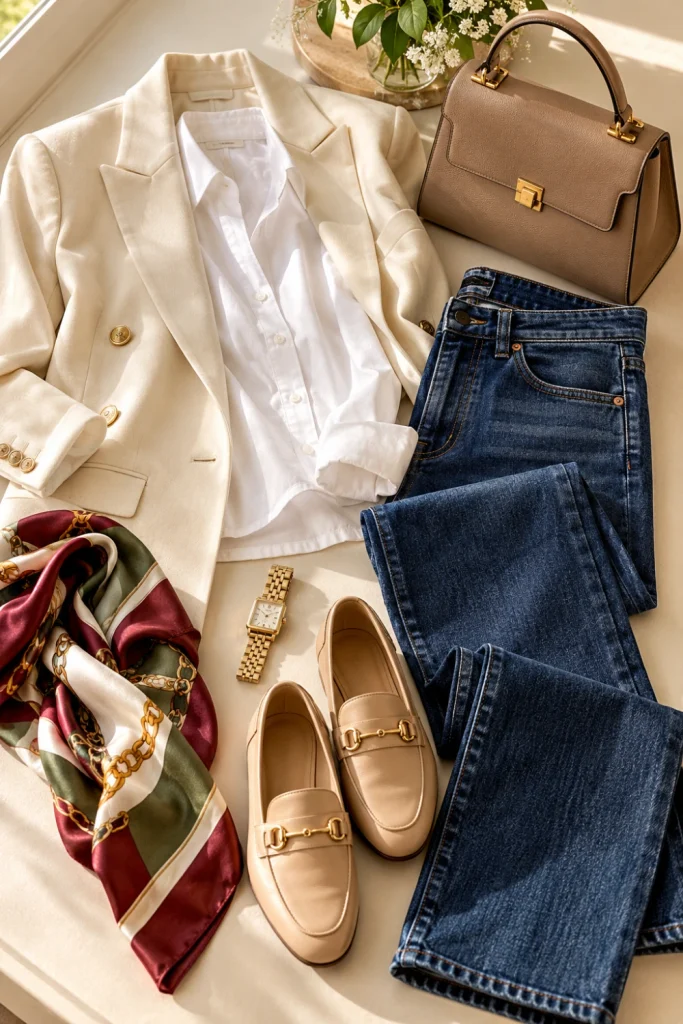 Women's fashion capsule wardrobe featuring a cream blazer, white shirt, dark jeans, beige loafers, taupe handbag, gold watch and versatile silk scarf.