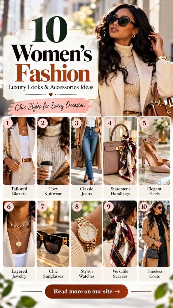 A coordinated women's capsule wardrobe arranged on a warm ivory surface, featuring a cream tailored blazer, white shirt, dark blue straight-leg jeans, beige leather loafers, a structured taupe handbag, a gold-tone wristwatch, and a silk scarf in burgundy, sage green, and cream.